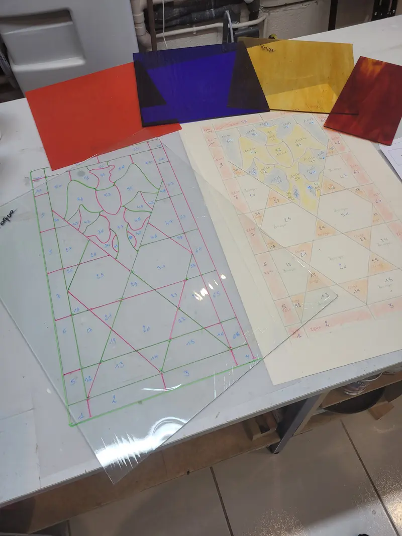 Choix des verres de couleur daprès le dessin du vitrail du CAP 2022